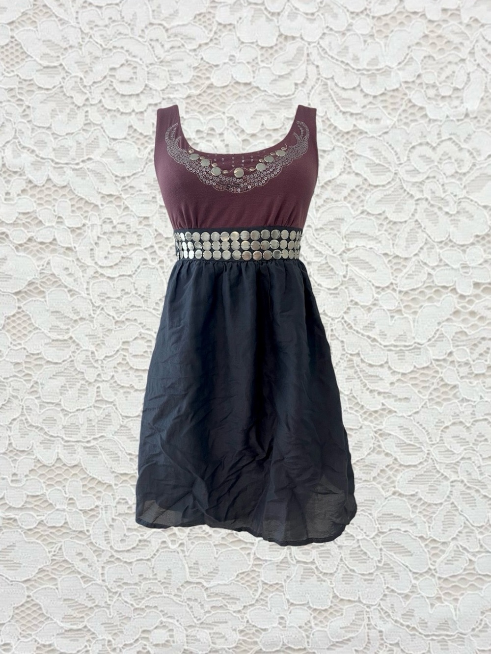 vintage y2k purple & navy mini babydoll dress with silver embellishments